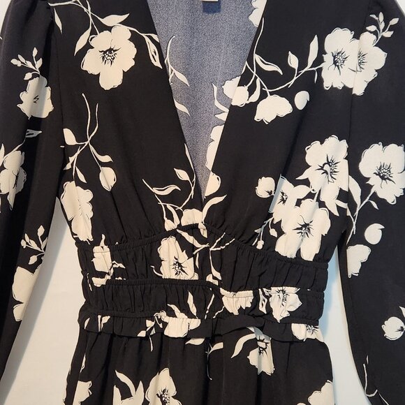 Monteau Black White Floral Print Day Dress w/Elastic Gathered Waist- Small - Picture 2 of 12
